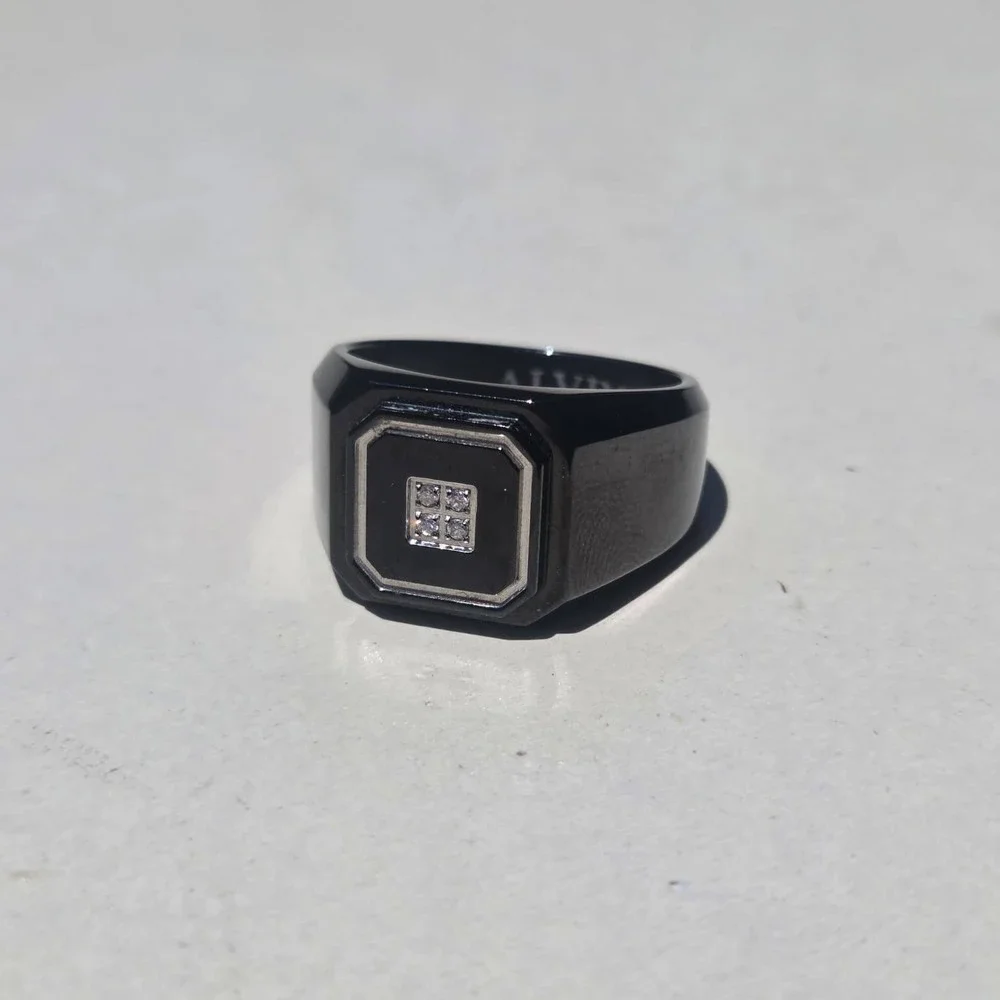 Danbury Mint Black Ice Men's Stainless Steel Diamond Signet Ring Size 11 